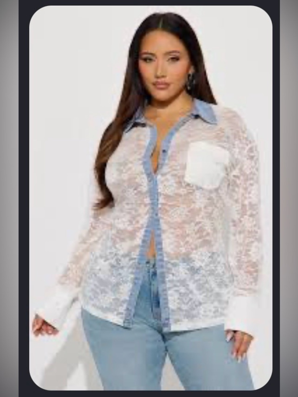 Fashion Nova White Sheer Lace Button-Down with Denim Trim